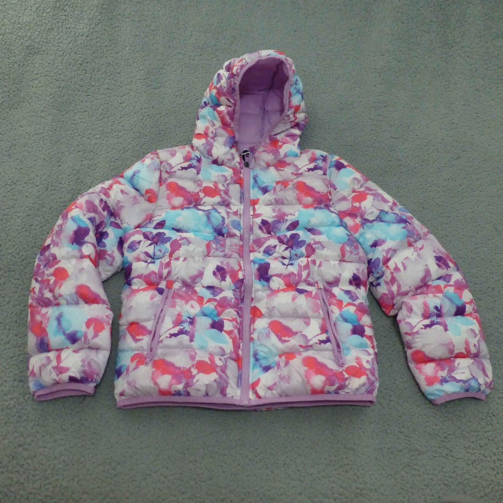 Under Armour Puffer Jacket Girls Youth Large ColdGear Floral Purple Pink Hooded