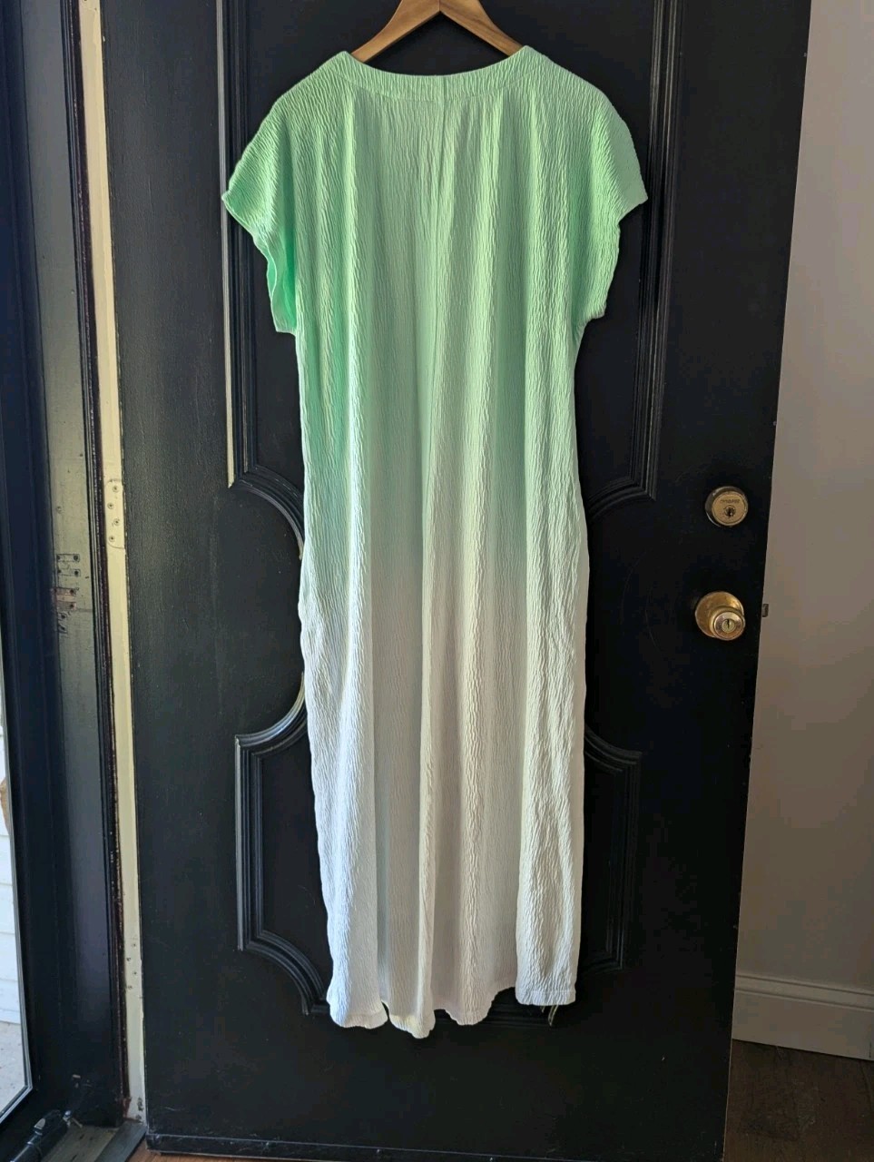 Lands End Gauzy Cotton Maxi Shift Dress Size Lg Hi Lo Hem Mint Ombre Pockets