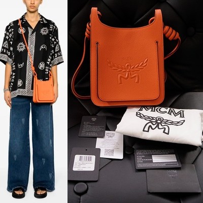 NEW $890 MCM Orange Grained Leather MINI HIMMEL CREST LOGO Hobo Crossbody BAG