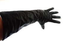 BLACK KID LEATHER SILK LINED VINTAGE ELBOW GLOVES SIZE 6 1/2