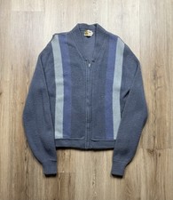 50s VINTAGE Penneys Towncraft Full Zip Cardigan Sweater Size Large Striped Blue
