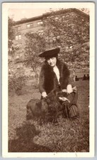 Vtg B&W Snapshot Woman Clorinda Fur Coat Hat Spaniel Dog City Park View 1920s
