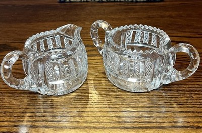 Vintage Heavy Cut Crystal Glass Creamer & Sugar Bowl Etched Flowers Leaves