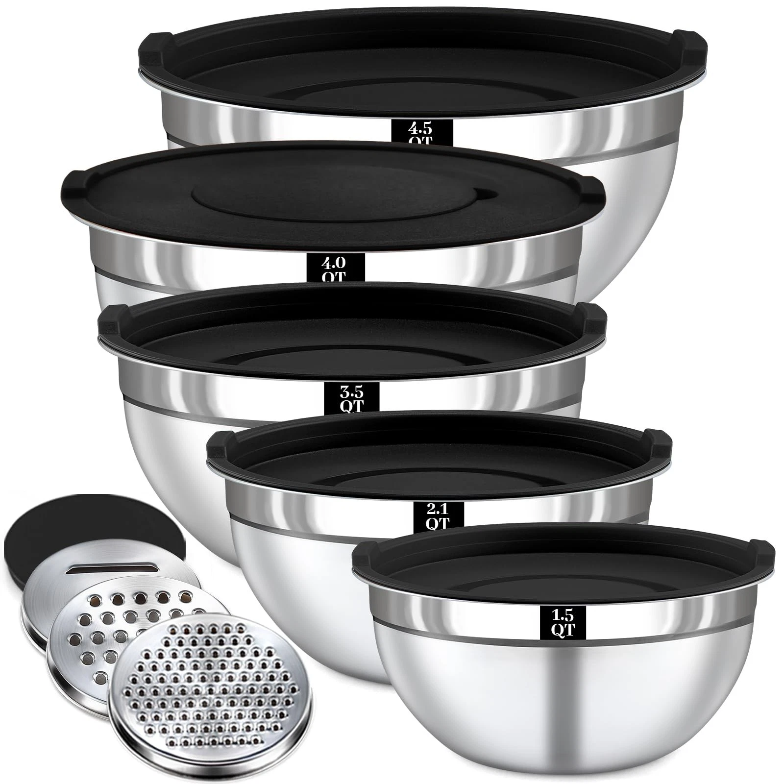 8PCS Mixing Bowls with Lids Set - 5 Nesting Mixing Bowls, 3 Grater Attachment...