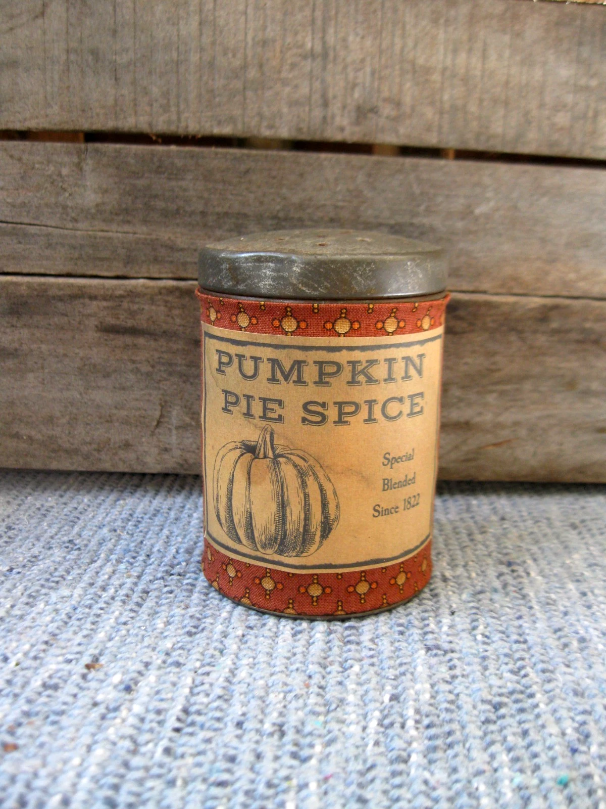 Antique Tin Sugar Shaker Muffineer Calico Sleeve Pumpkin Pie Spice Label