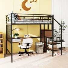 Full Size Metal Loft Bed with Desk and Metal Grid, Stylish Metal Frame Bed with