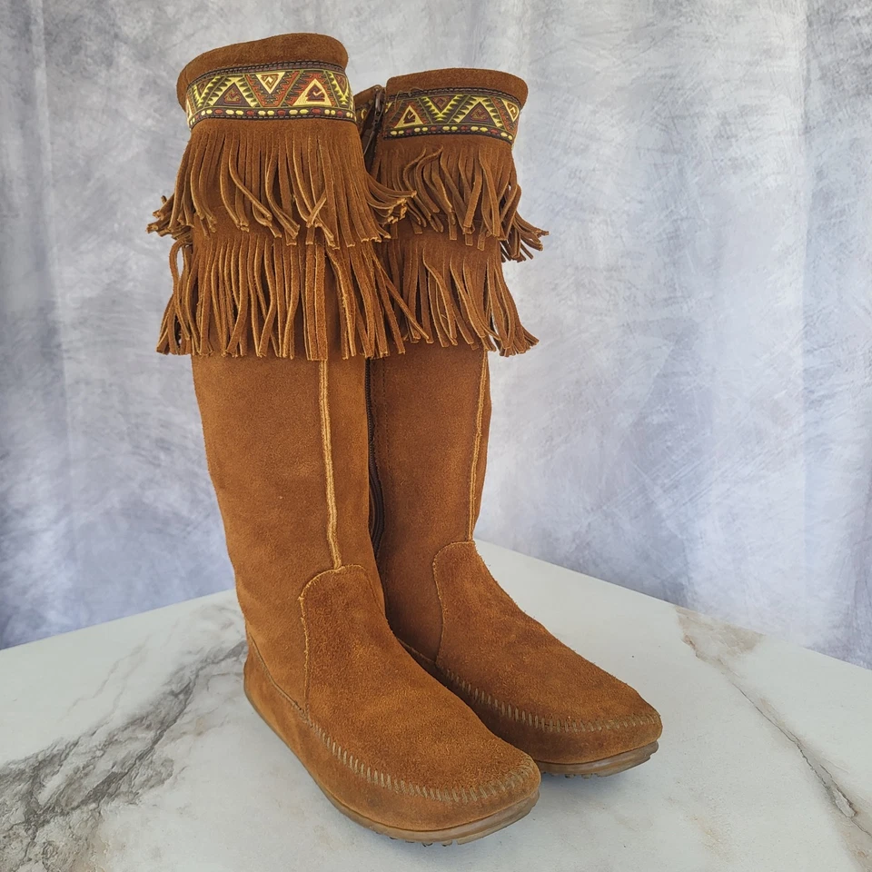 Minnetonka Knee High Suede Lace Up Fringe Aztec Moccasin Boots Women's 8 - Imagem 2 de 4