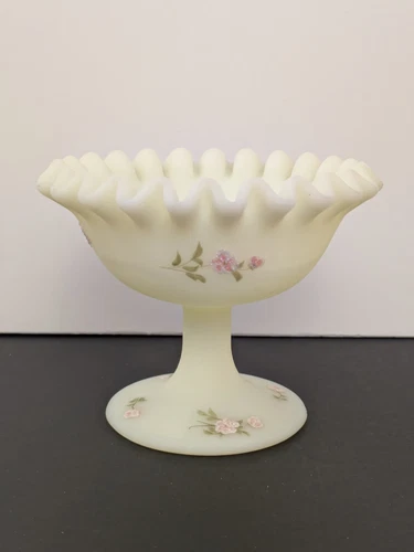 Fenton Compote Custard Glass Ruffled Satin Uranium Signed Hand Painted Daisy