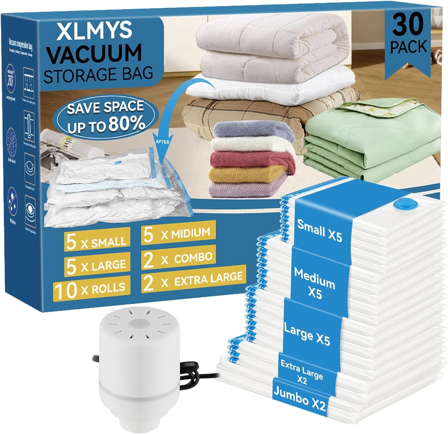 Vacuum Seal Bags for Clothes Storage with Electric Pump 30 Pack 2 Jumbo 2 XLarge 5 Sizes  