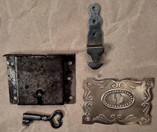 ANTIQUE Brass & Iron  Early TRUNK LOCK & KEY,  Jenny Lind, Rare Vintage Hardware