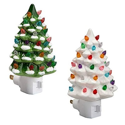 Fox Valley Traders Green and White Ceramic Tree Night Lights Set of 2