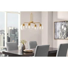 Hampton Bay Nelwyn 25 in. 4-Light Vintage Brass Chandelier Clear Glass Globes