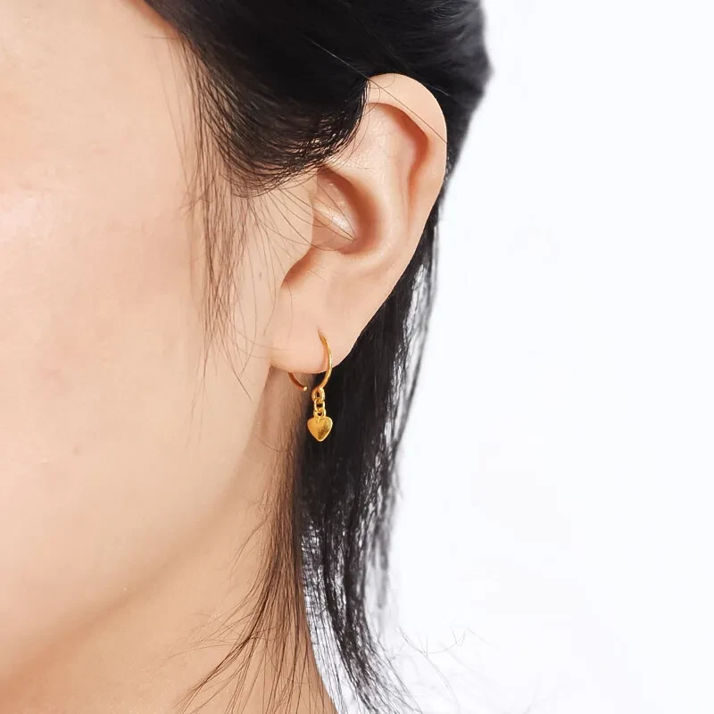 Pure 999 24K Yellow Gold Women Lucky Heart Circle Hoop Dangle Earrings 1.1-1.3g - Image 3 of 4