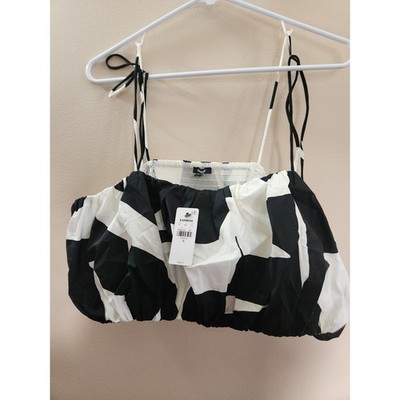 EXPRESS Black White Abstract Print Smocked Shirred Crop Top Tie Straps XL NWT
