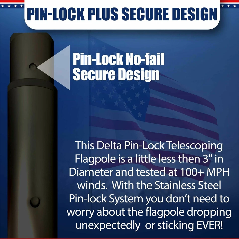 Poste de bandera telescópico Delta Pin-Lock de 20' o 25' "Freedom Edition" (negro) Foto 4 de 4