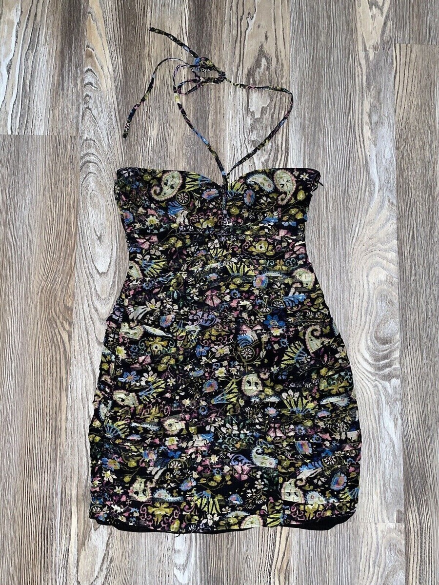 Zara Floral Mini Dress XS Ruched Bodycon Halter Sweetheart