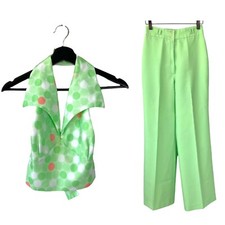 Vintage 60s Green Polkadot Halter Crop Top Wide Leg Pant Set XS