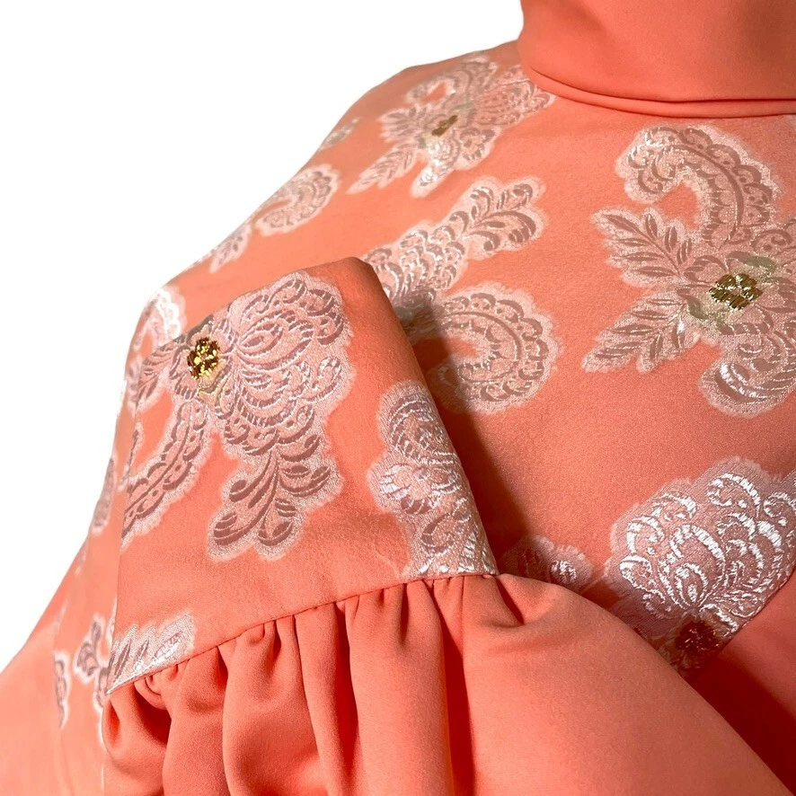 Maxi Vestido Vintage Años 60 Naranja Melocotón Manga Larga Abullonada Bordado Floral Vestido Foto 3 de 4