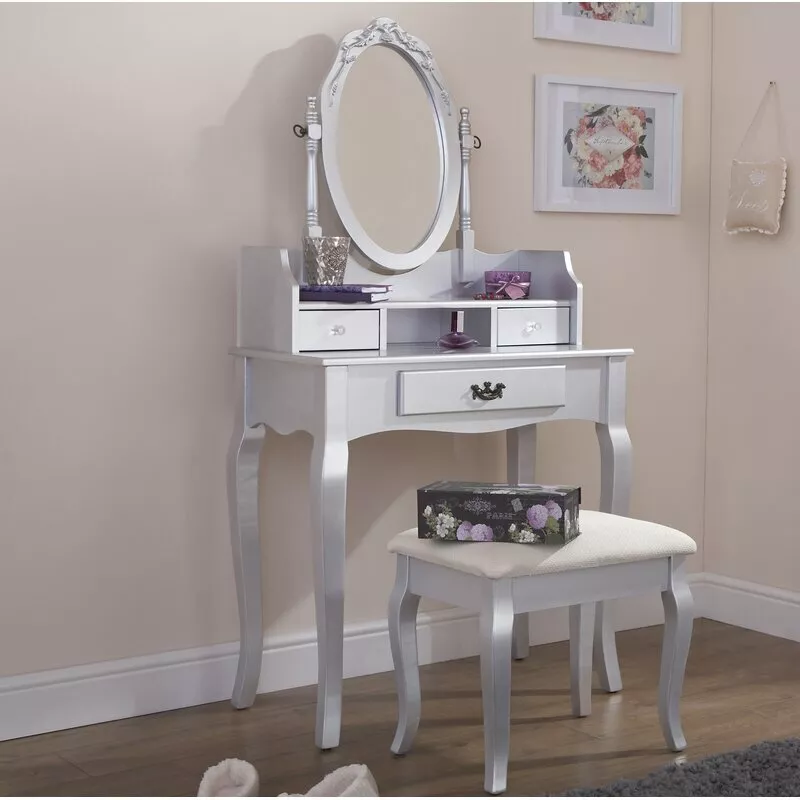 Three Posts Arnold Dressing Table Set with Mirror Silver eBay