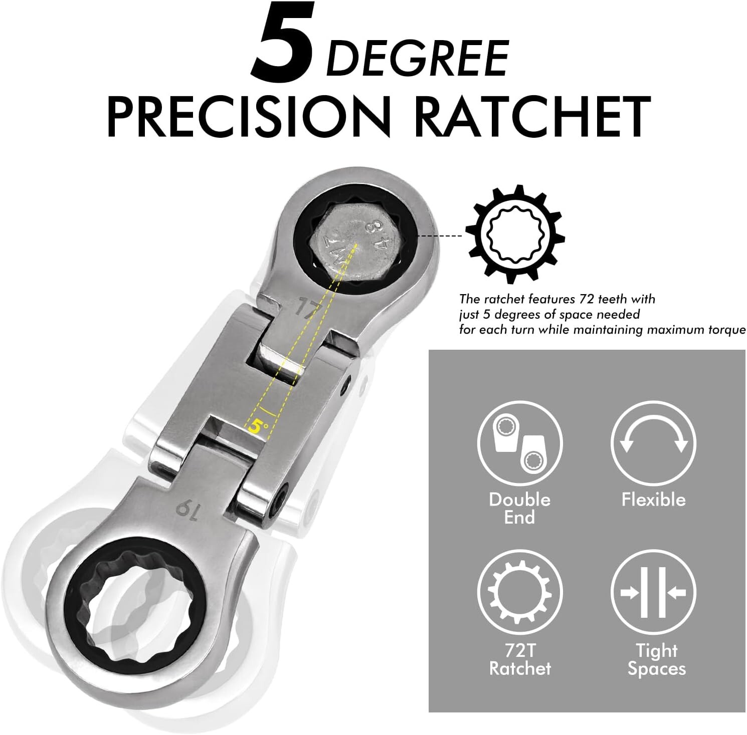 Stubby Wrenches Set, Flex Head Ratcheting Wrench Set Double Box End Ratchet Wren