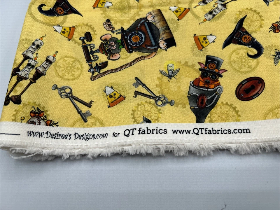 Steampunk Halloween 2~ ¡Tela de lanzamiento! Artesanía de acolchado amarillo algodón de 1 yarda x 44" Foto 2 de 3