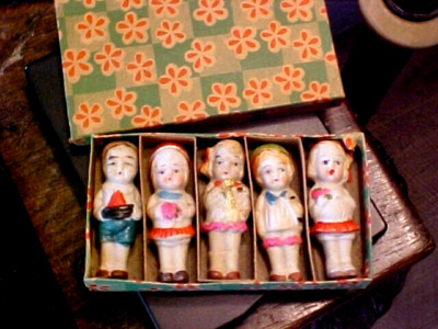 1930s Kewpie Doll 5 Pc Collection in Original Box Never Used Japan Made Bisque