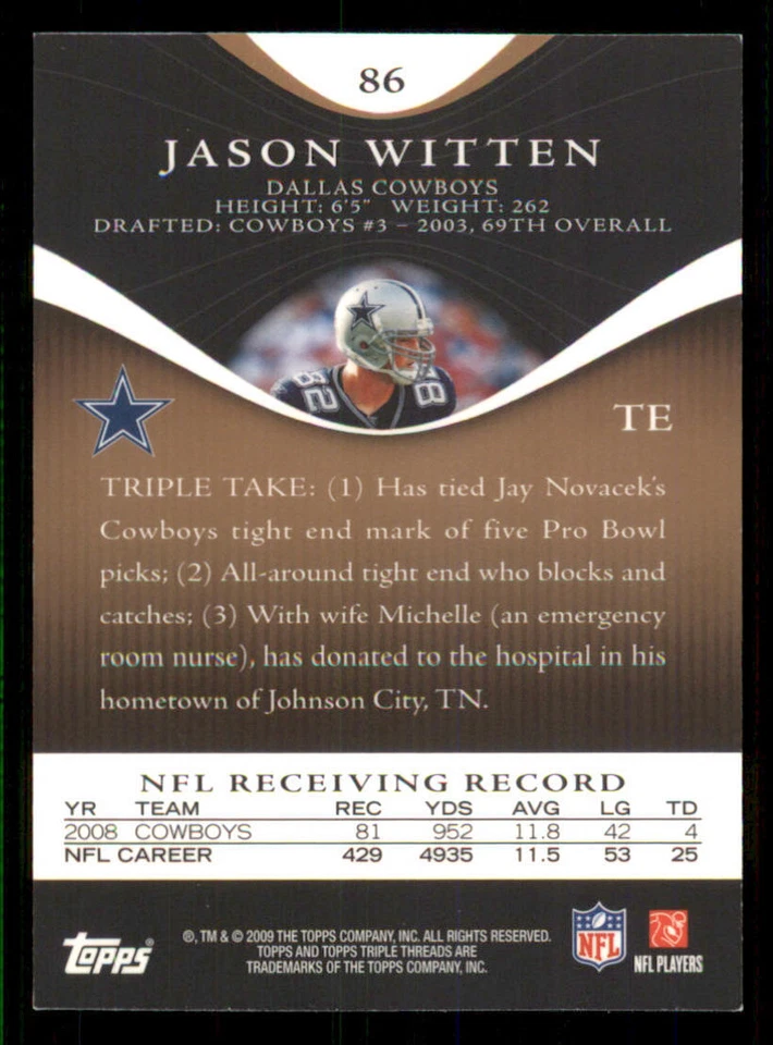 2009 Topps Triple Threads Sepia #86 Jason Witten /249 - Image 2 of 2