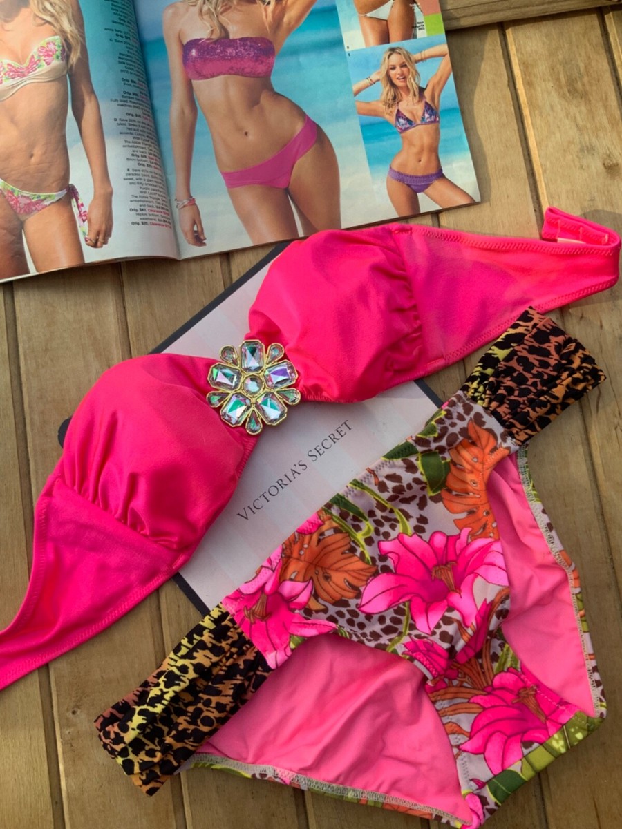 ビキニ Victoria's Secret PINK flower bikini set Victoria's Secret Beach Sexy Jeweled Bandeau Ruched Side