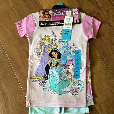 Girl's Disney Princess Cotton Sleepwear Pink 4 Piece Pajama Set Size 4 T