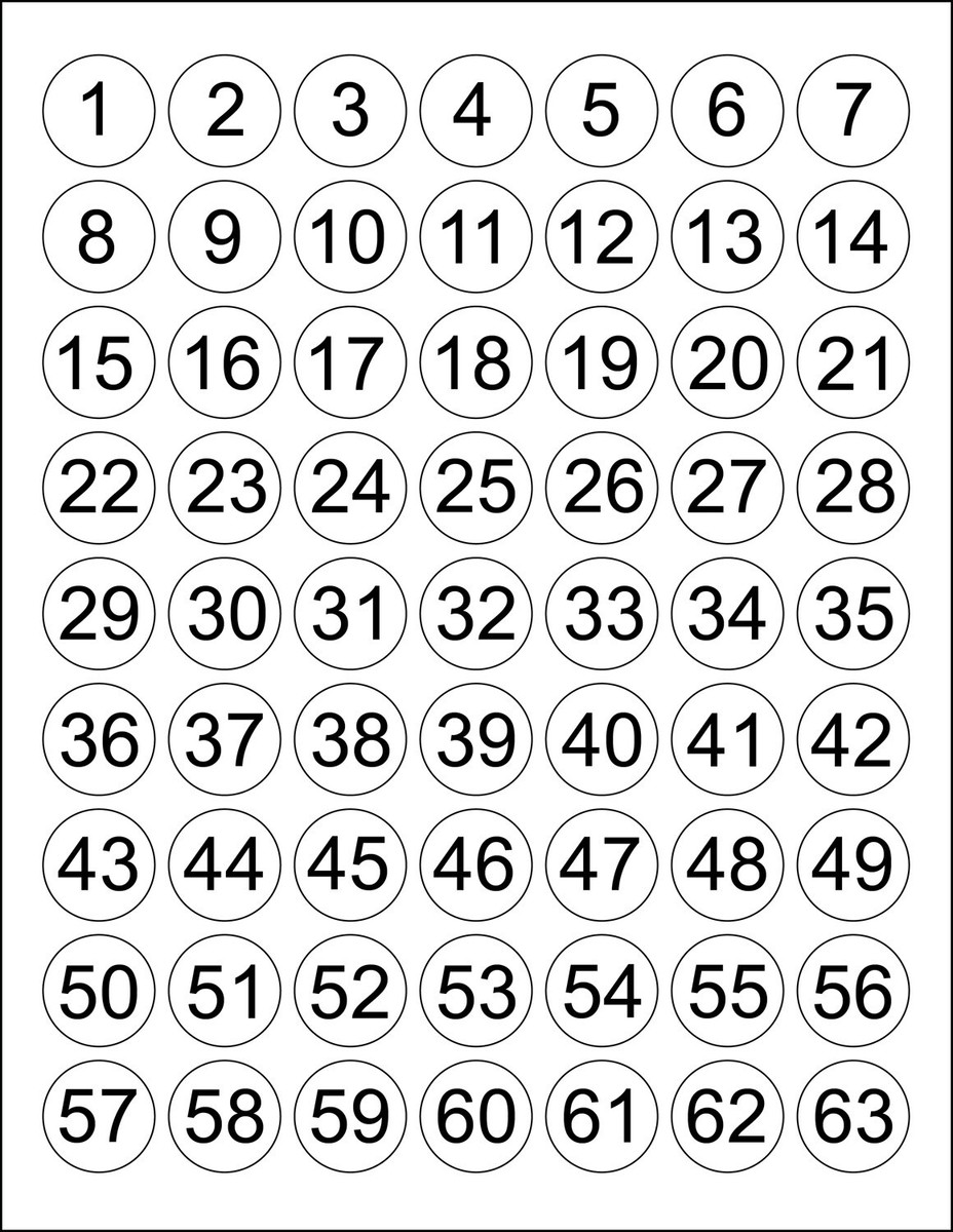 1-63 Sequential Numbered Stickers Consecutive Numbers White Black
