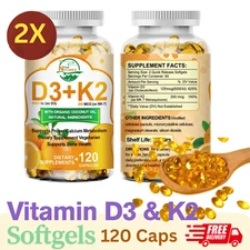 2X Vitamin D3 + K2 Supplement Softgels 120Caps for Bone Health Boost Energy New