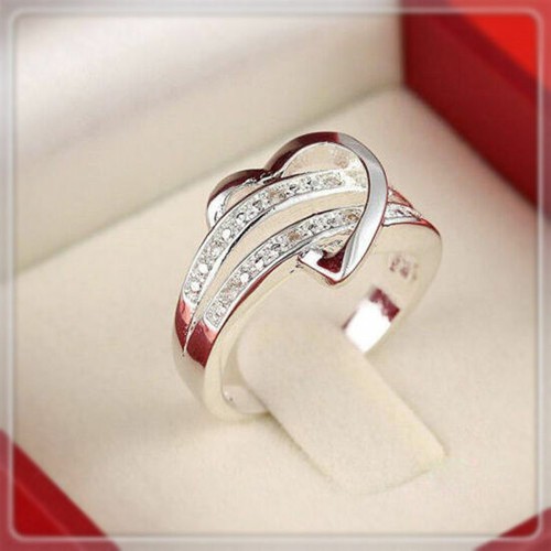 Wedding Women's Silver Heart Band 5-11 Size Zircon Ring Engagement - Picture 2 of 12