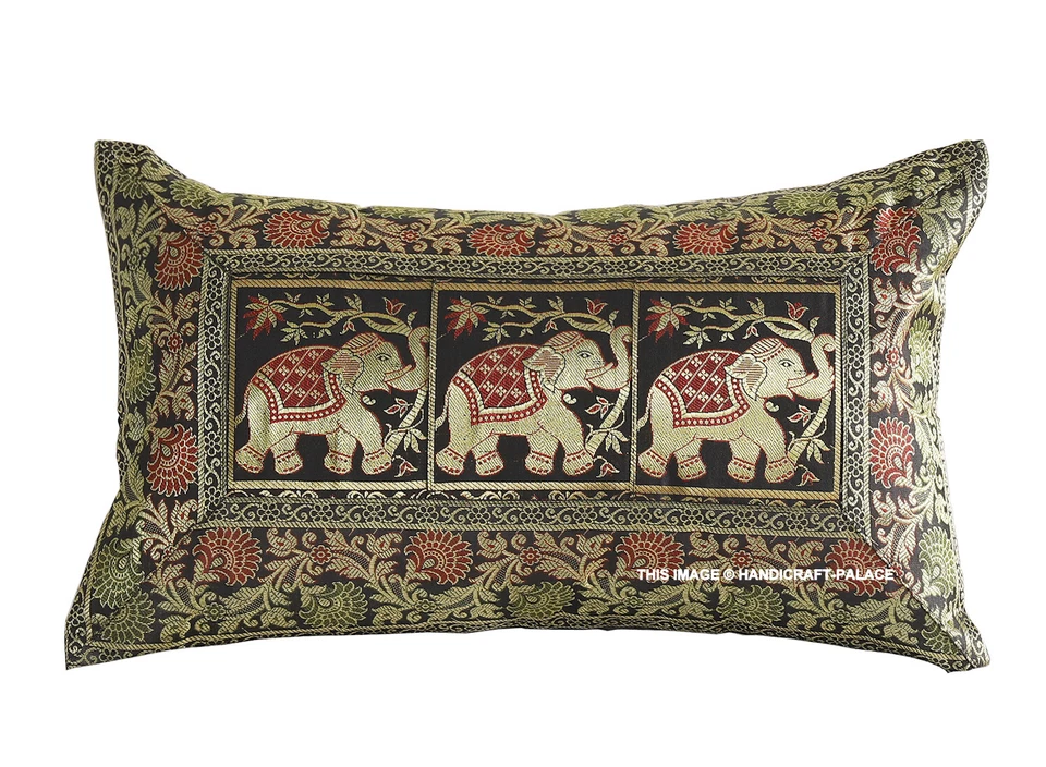 Ethnic Pillow Cover Elephant Brocade Silk Black Cushion Pillowcase Throw 12X20" - Image 2 of 4