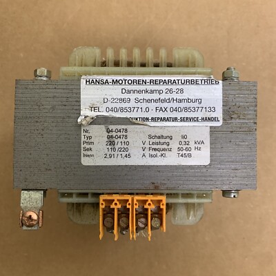 HANSA-MOTOREN- REPARATURBETRIEB 04-0478 Transformer *Made In Hamburg Germany
