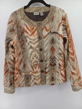 Chico's Blazer Womens Brown 1 Button-Down Animal Print Long Sleeve Front Pockets