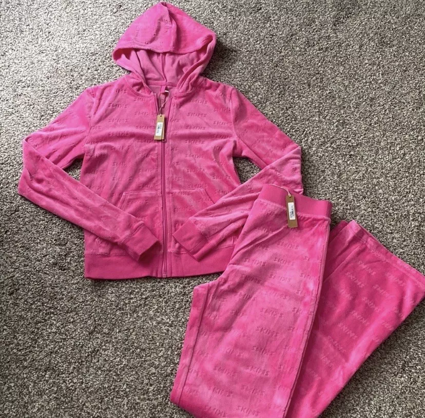 NEW Skims Velour Logo Hot Pink Tracksuit Zip Up and Pants Size XS