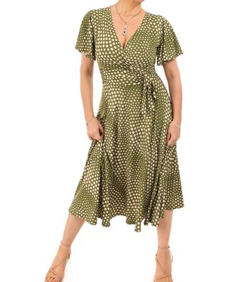Neu Swirly Spot Flatterärmel Fit & Flare Kleid
