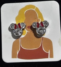 Disney Minnie Mouse Crystal Rhinestone Stud Earrings with Red Bow