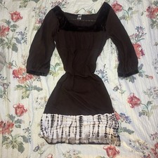 prAna Brown White Tie Dye Knee Length Dress Square Neck 3/4 Sleeve S Fairy Core