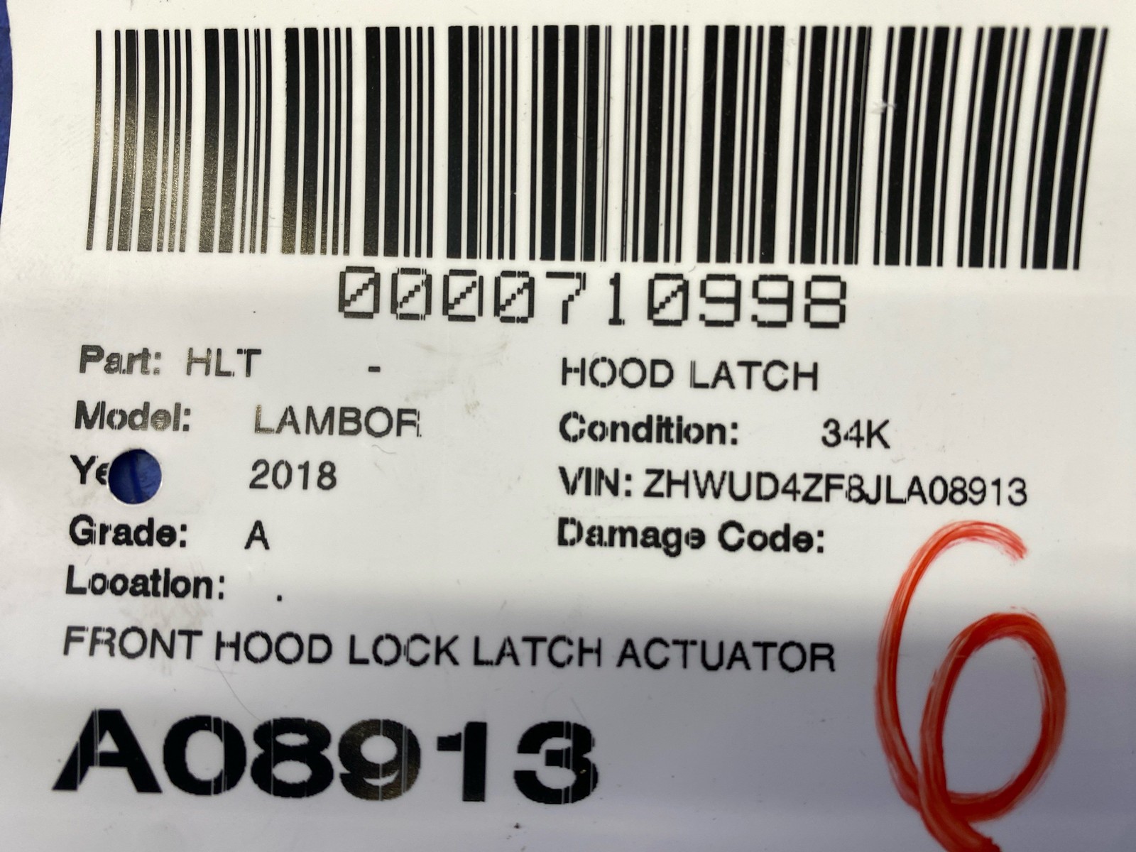 LAMBORGHINI HURACAN LP640-4 PERFORMANTE FRONT HOOD LOCK LATCH ACTUATOR W/ CABLE