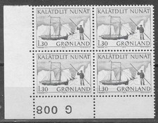 Greenland 1975 Ship, Schooner 1Kr30 Plate Block of 4, UNM / MNH