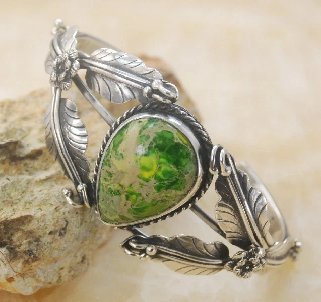 Brazalete brazalete de plata hecho a mano con piedras preciosas de jaspe sedimento de mar verde joyería C149 Foto 4 de 4