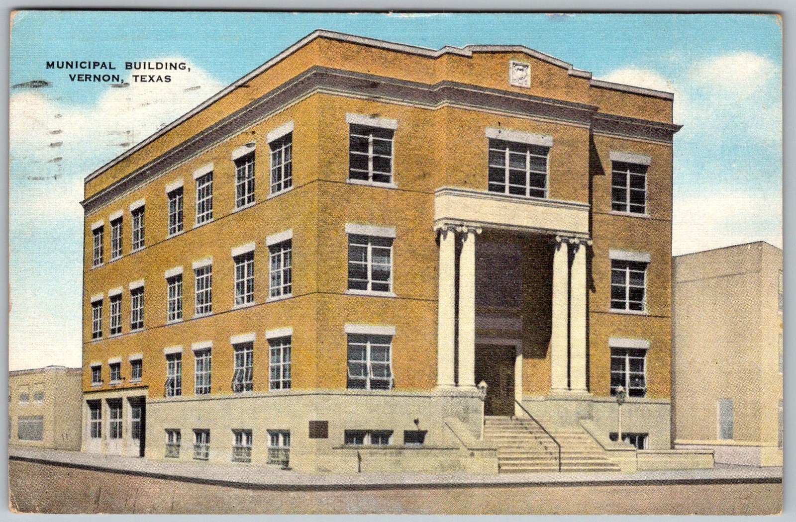Vtg Linen Postcard Municipal Building Columns Vernon, TX 1950s