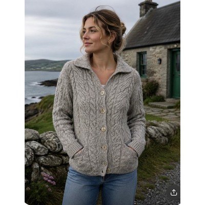 Aran Woollen Mills Super Soft Merino Wool Cable Knit Cardigan Ireland XL Oatmeal
