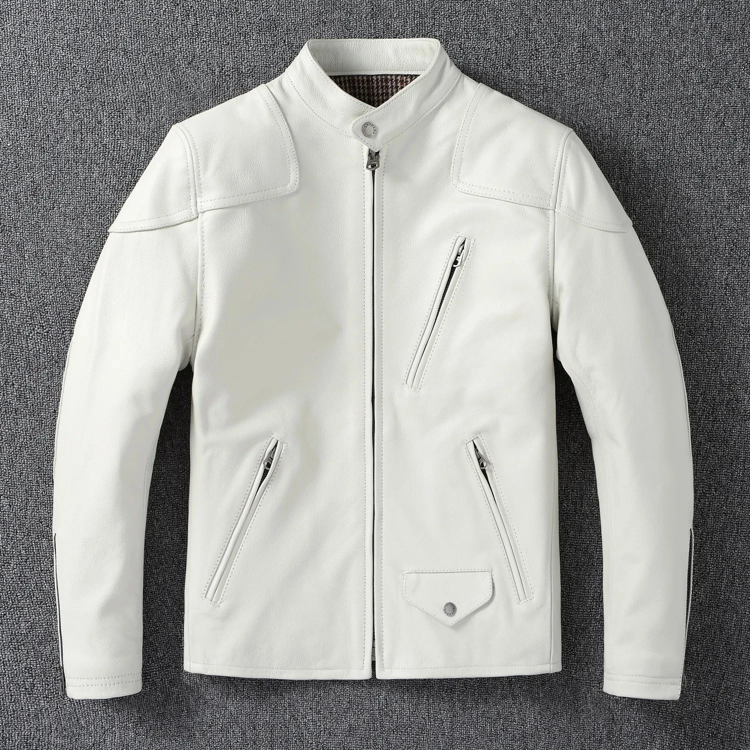 Mens white leather jacket stand collar zip up premium biker moto coat