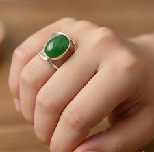 925 Solid Sterling Silver Green Jade Two Line Ring