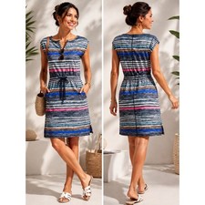 T by Talbots Striped Drawstring Shift Dress Cotton Small Pockets
