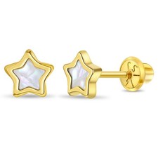Mother of Pearl Star Toddler / Kid / Girls Earrings Safety Screw Back - 14k Gold
