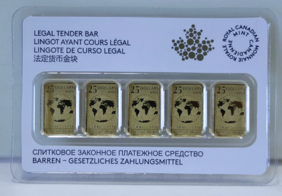 Juego de tarjetas de ensayo de 25 barras de oro 0,9999 de Canadá 2016 5 x 1/10 oz, Royal Canadian Mint Foto 2 de 2