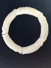 Vintage Hetian White JADE Stretch Bracelet Carving Ancient People 2.25” VTG